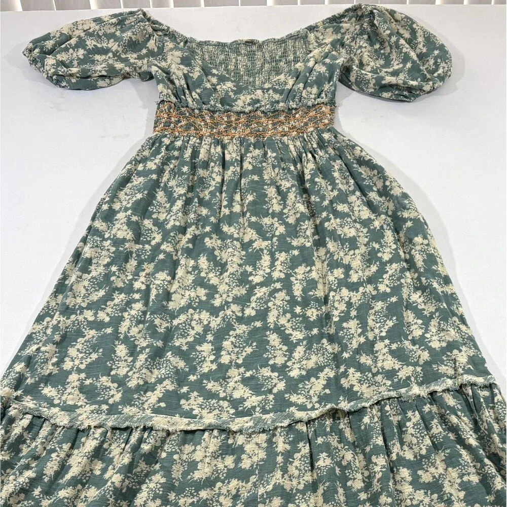 Free People Ellie Boho Green Floral Puff Sleeve Smock Bodice Maxi Dress Sz S - Picture 4 of 15